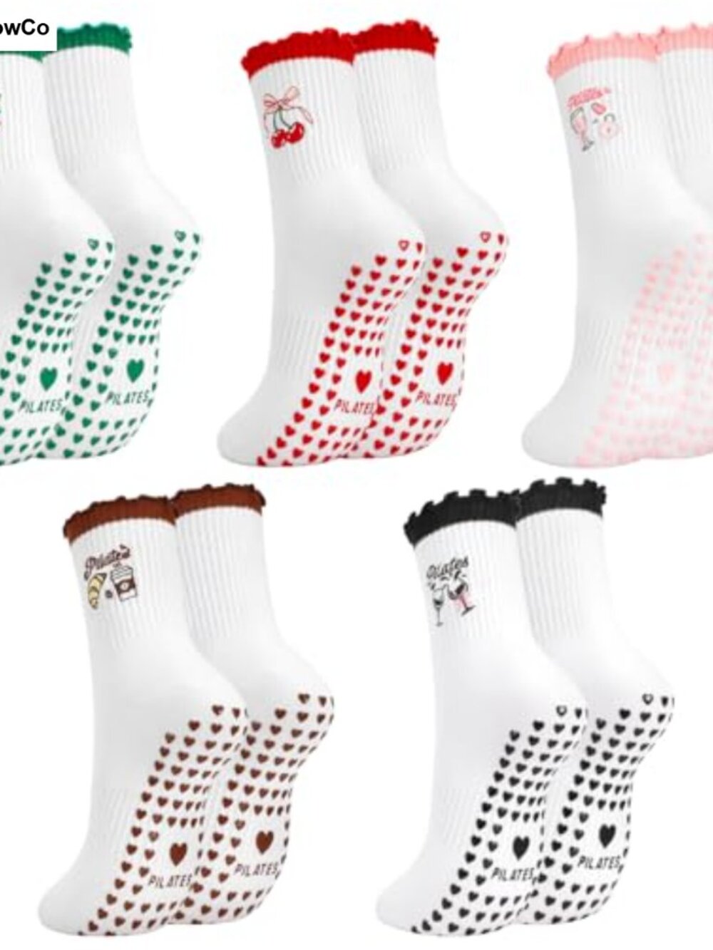 Womens Pilates Socks with Grips Ruffled Yoga Socks Cotton Polyester 5 Pairs